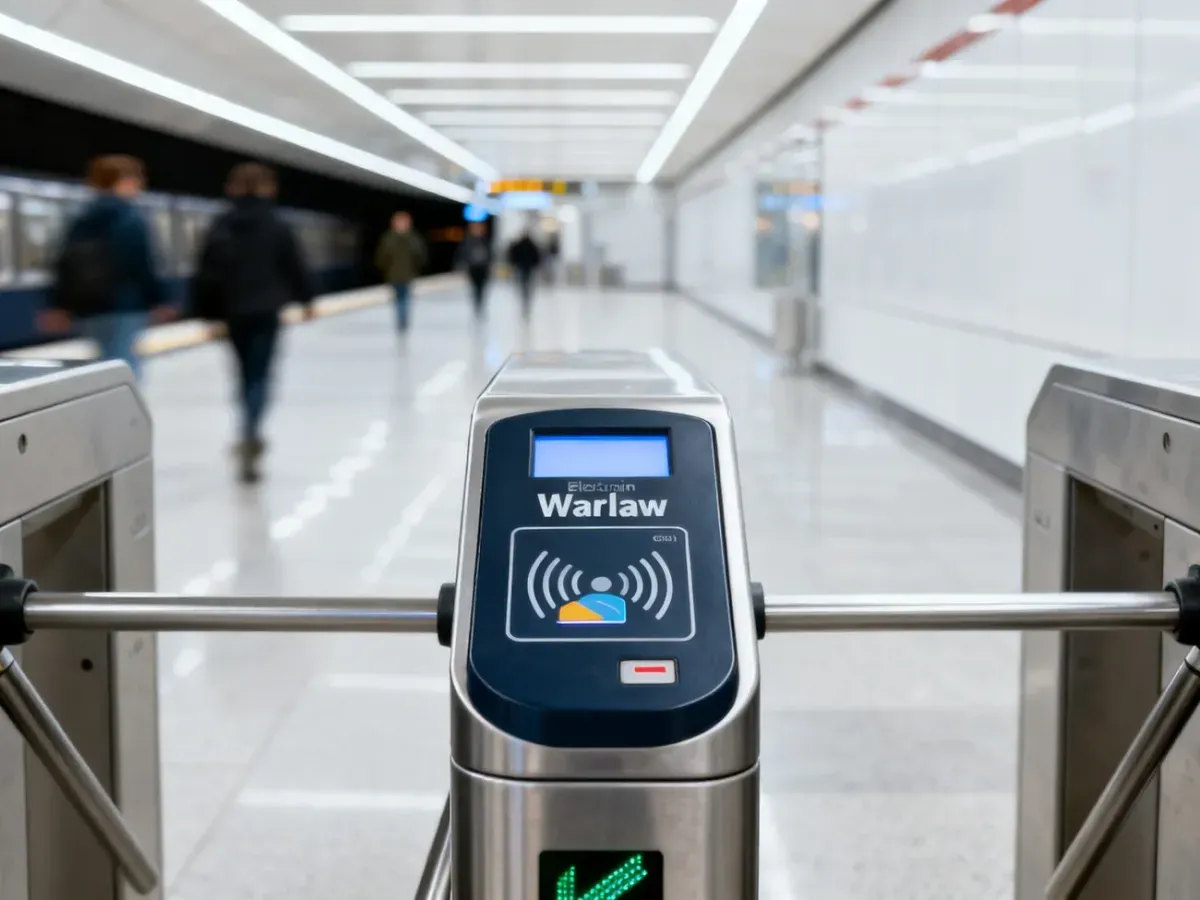 Elektroniczna bramka biletowa w warszawskim metrze z czytnikiem kart zbliżeniowych na tle peronu stacji.