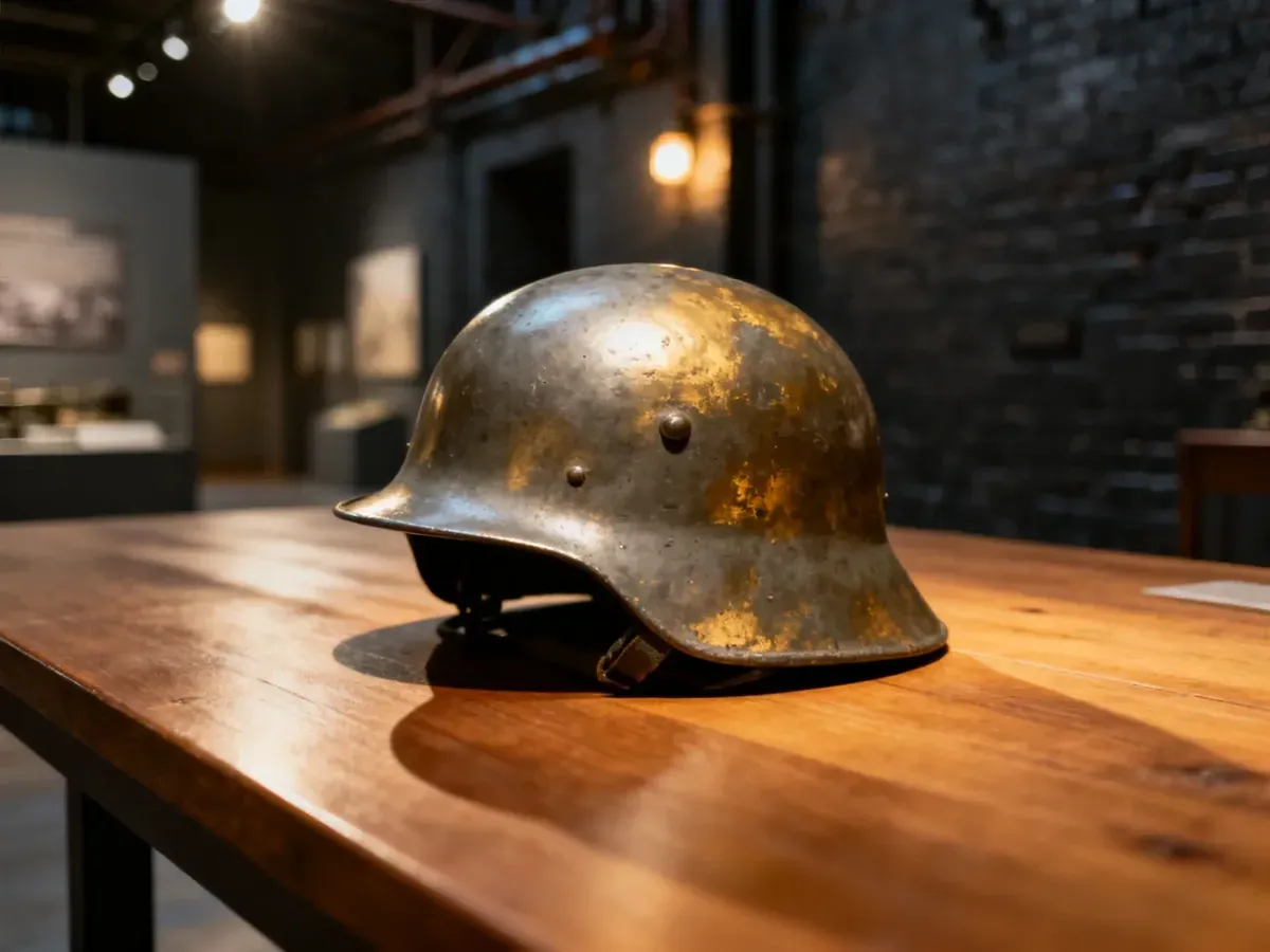 Zabytkowy żołnierski hełm na drewnianym stole w tle wnętrza Muzeum Powstania Warszawskiego.