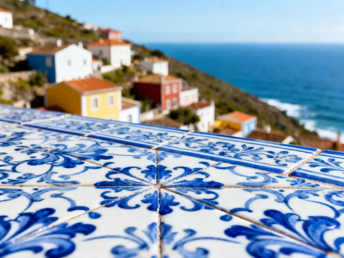 Kolorowe domy na wzgórzu nad Oceanem Atlantyckim, wyeksponowane na tle tradycyjnych niebiesko-białych płytek azulejos.
