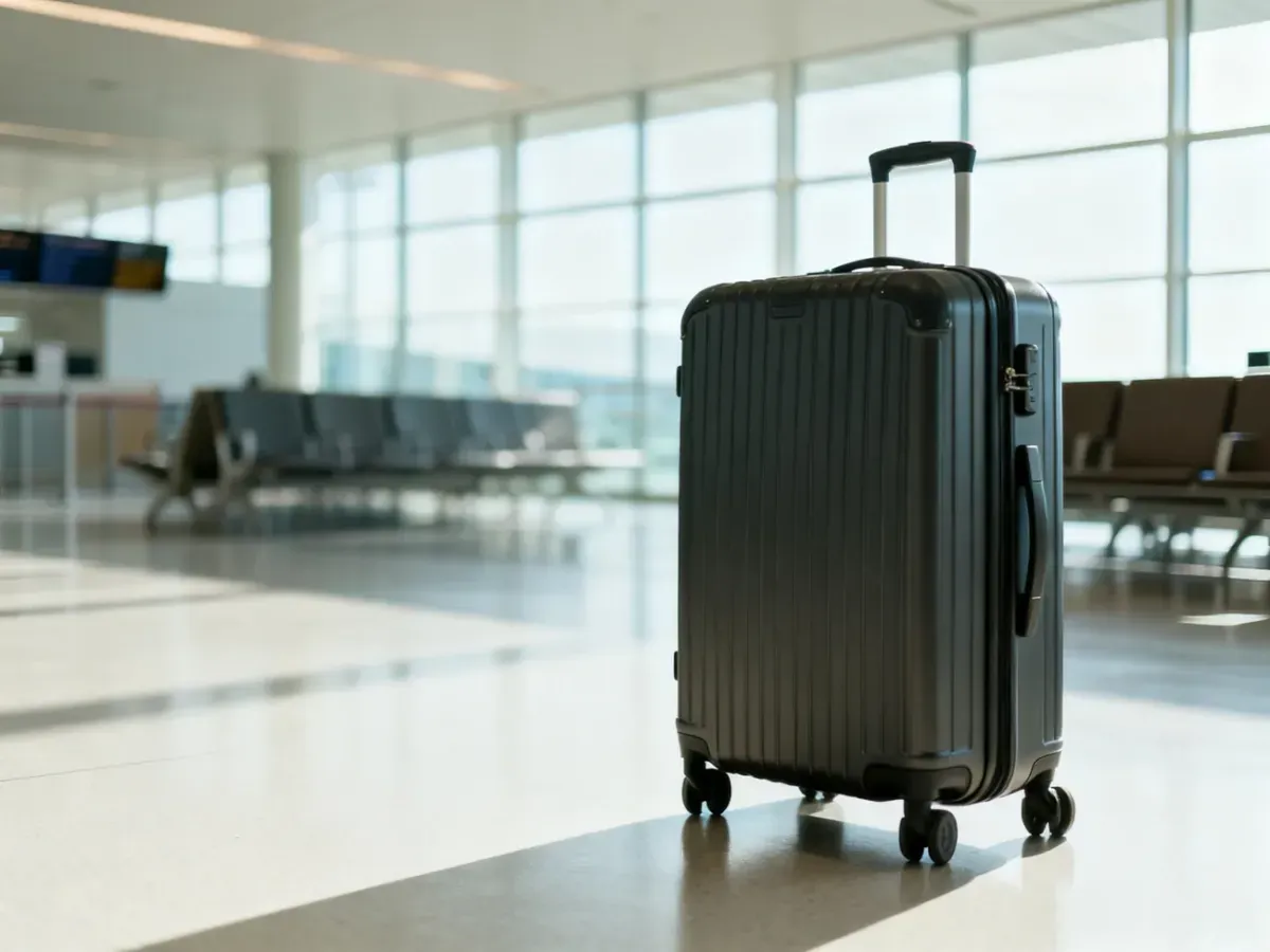 Zamknięta walizka podręczna na lotnisku, gotowa do odprawy przed lotem liniami Wizz Air.