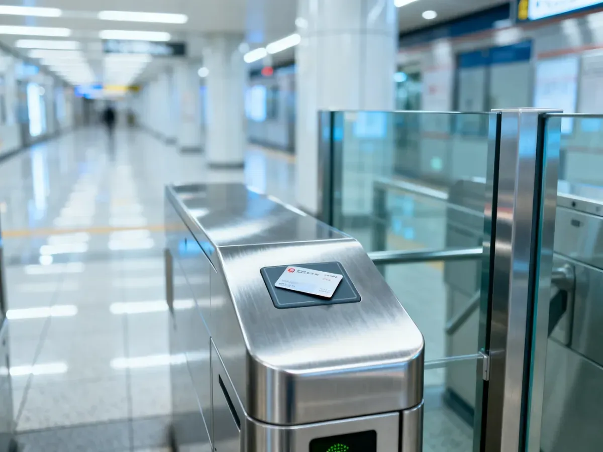 Karta zbliżeniowa na czytniku nowoczesnej bramki biletowej w tokijskim metrze.