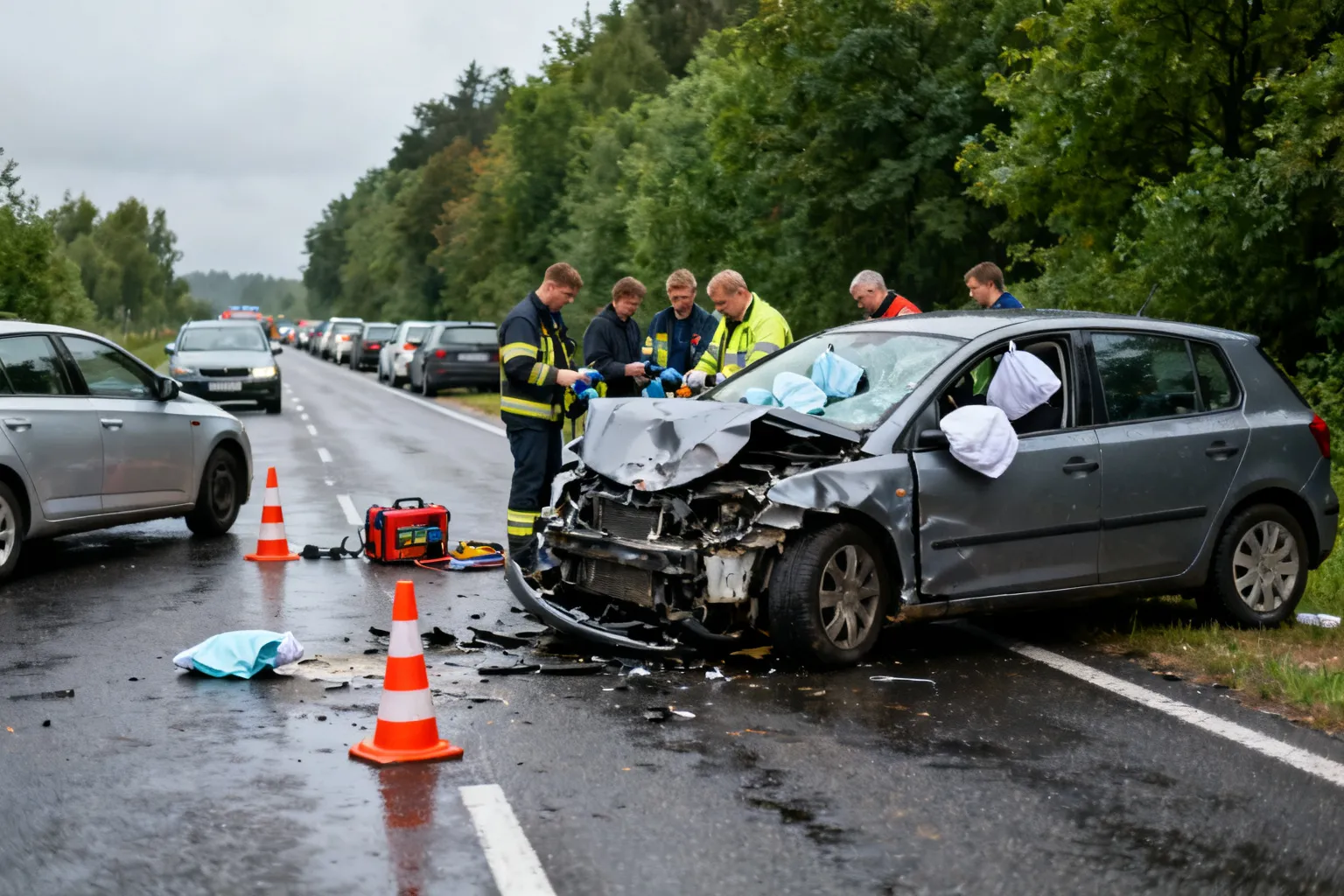Wypadek DK-16 w Grabówku (Mikołajki) — droga zablokowana po czołowym zderzeniu