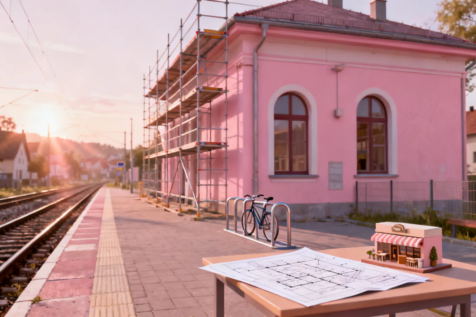 remont stacji Skolima Olecko: budynek w różu i planowane Idealne Bistro