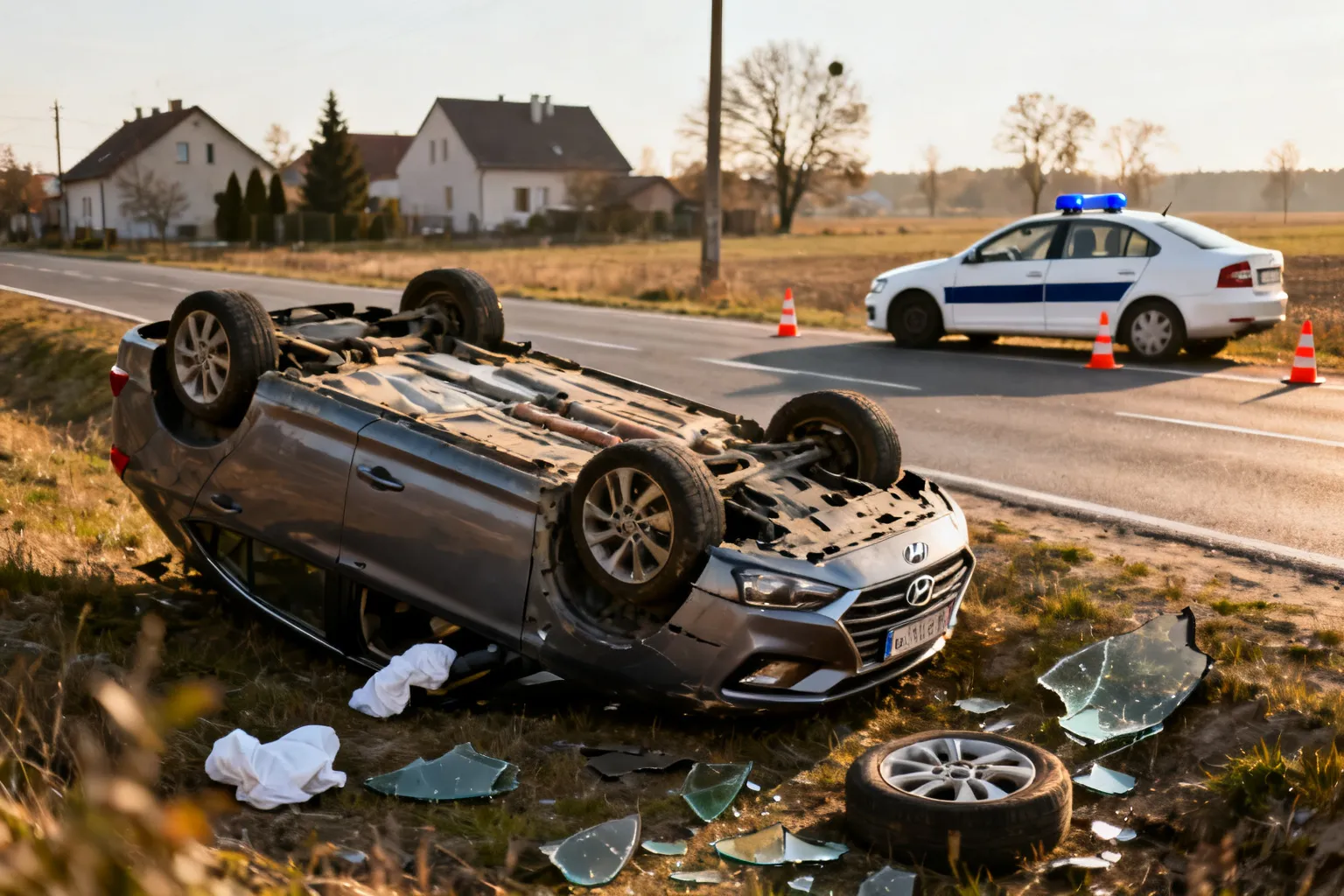 Dachował Hyundai na trasie Gąsiorowo Olsztyneckie–Pawłowo. Kierowca pijany