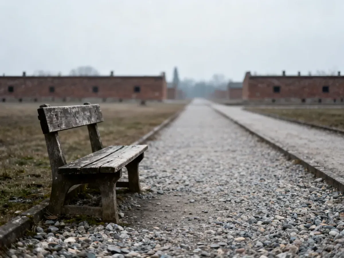 Pusta ławka na żwirowej ścieżce prowadzącej w stronę ceglanych budynków byłego obozu Auschwitz w atmosferze zadumy.